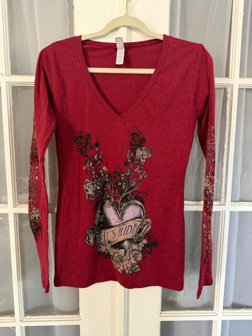 Hot Leathers Let's Ride Red V-Neck Graphic Long-Sleeve Tee Top